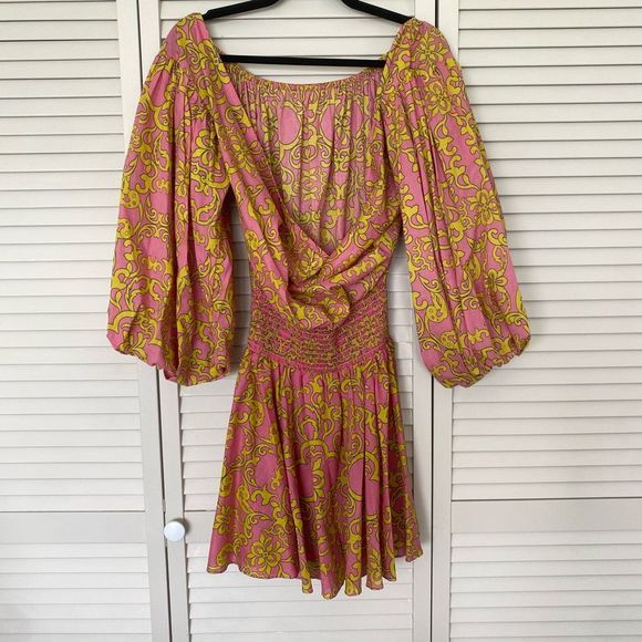 MISA JORDANA DRESS Smocked Waist Mini off the shoulder Dress Size Small - Picture 4 of 6